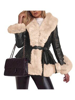 Faux Leather Parka Coat with Faux Fur Collar Long Sleeve Winter Jacket